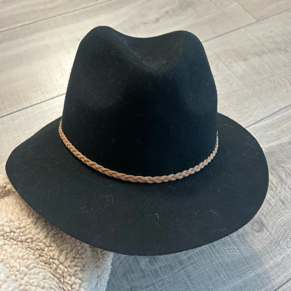 Chico's Black Wool Felt Fedora Hat with Braided Trim – Wide Brim Rancher One Sze